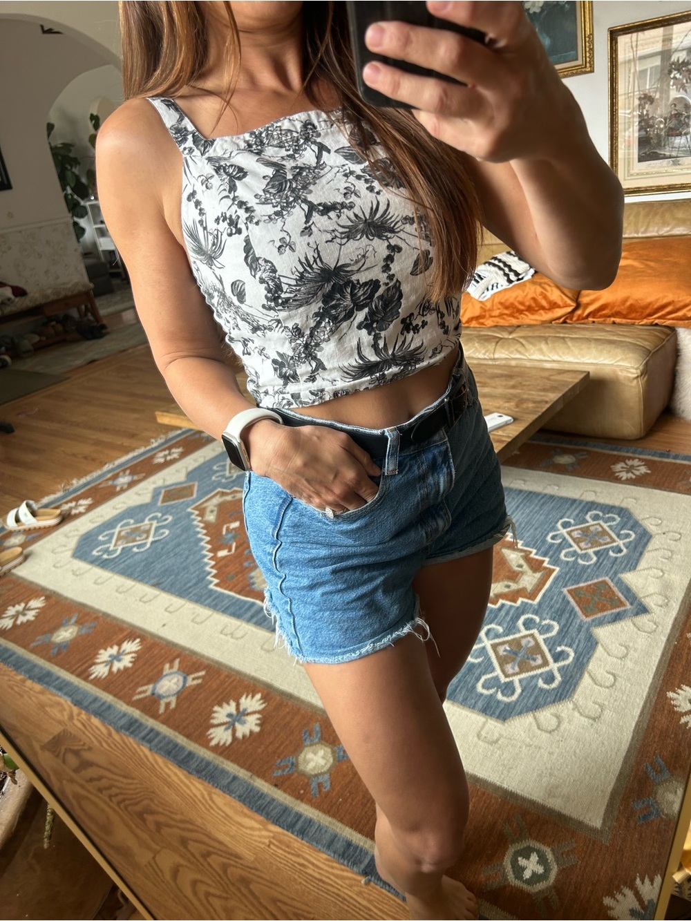 HONEY Floral Black & White Cropped real linen cotton Tank Top